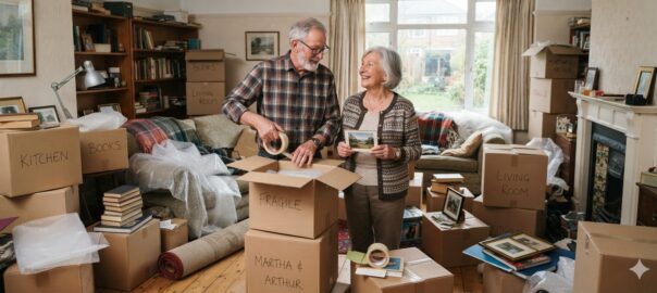 A picture of a senior couple standing in their lounge room surrounded by packing boxes