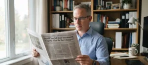 A man sitting in his home office reading a newspaper featuring an article with the headline "Should You Sell Your Investment Property After the Tax Changes"
