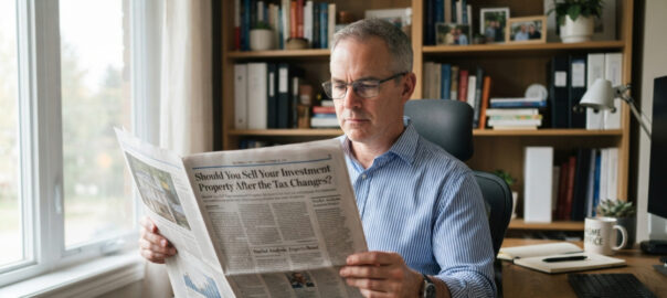 A man sitting in his home office reading a newspaper featuring an article with the headline "Should You Sell Your Investment Property After the Tax Changes"