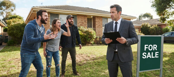 Angry biblings in front of their deceased paraent's house shouting at the executor