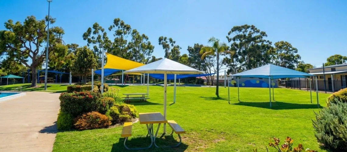 The eating and seating area adjacent to the outdoor pool at the Armadale Aquatic centre in Seville Grove