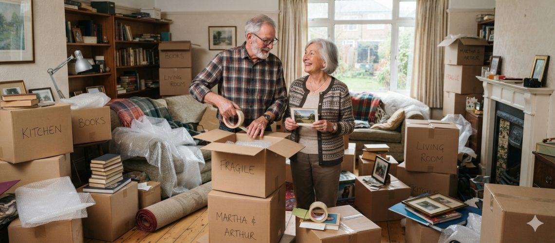 A picture of a senior couple standing in their lounge room surrounded by packing boxes